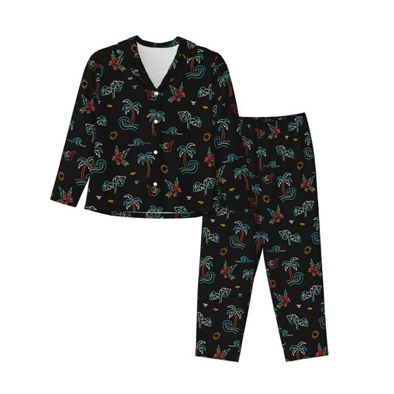 Sikiie Hawaiian Style Women's Long-Sleeve Shirt and Full-Length Bottom Pajama Set (s-xxl)-X-Large