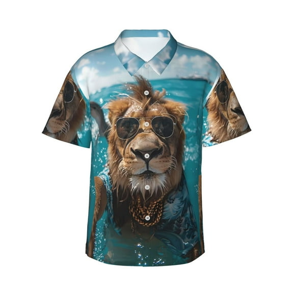 Sikiie Hawaiian Swimming Lion Print Men's Hawaiian Shirt, Summer Beach Button Pocket Short Sleeve T-Shirt,X-Large