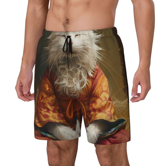 Sikiie Haystack Meditating Cat Print Men's Double Layer Swimming Trunks, Adjustable Waistband and Pockets Sports Swimming Trunks, Beach Swimwear-3X-Large