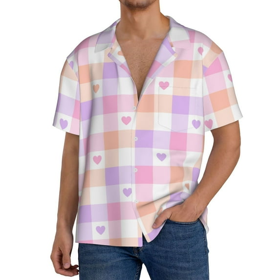 Sikiie Heart Buffalo Plaid Men's Wrinkle Free Untucked Cuban Shirt Business Casual Button Down Shirts Short Sleeve Shirt3X-Large