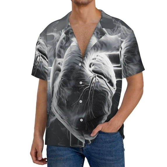 Sikiie Heart Illustration Men's Cuban Shirt, Hawaiian Shirts, Business Casual Button Down Shirts, Short Sleeve Shirt-X-Large