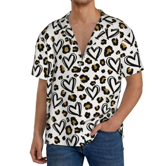 Sikiie Heart Leopard Men's Wrinkle Free Untucked Cuban Shirt Business Casual Button Down Shirts Short Sleeve Shirt4X-Large