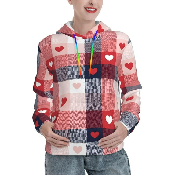 Sikiie Heart Plaid Women's Casual Hoodies Long Sleeve Lightweight Pullover Tops Loose Sweatshirt-XX-Large