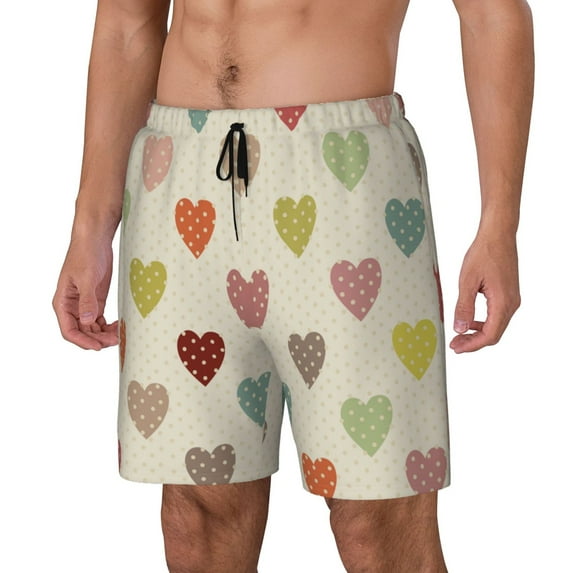 Sikiie Heart Polka Dot Print Men's Double Layer Swimming Trunks, Adjustable Waistband and Pockets Sports Swimming Trunks, Beach Swimwear-Large