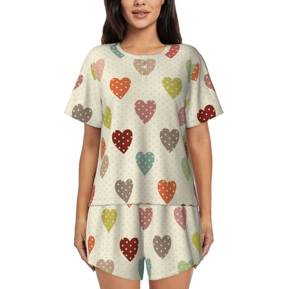 Sikiie Heart Polka Dot Womens Pajama Sets Short Sleeve Top With Pants Sleepwear 2 Piece Lounge SetMedium