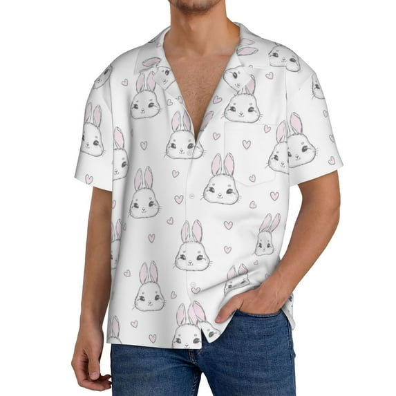 Sikiie Heart Rabbit Men's Wrinkle Free Untucked Cuban Shirt Business Casual Button Down Shirts Short Sleeve ShirtX-Large