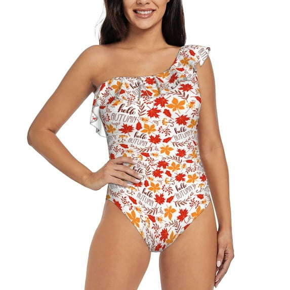 Sikiie Hello Autumn Maple Leaf Print Women One Piece Swimsuits Tummy Control One Shoulder Bathing Suits Ruffle Swimwear, From S to XXL-Medium