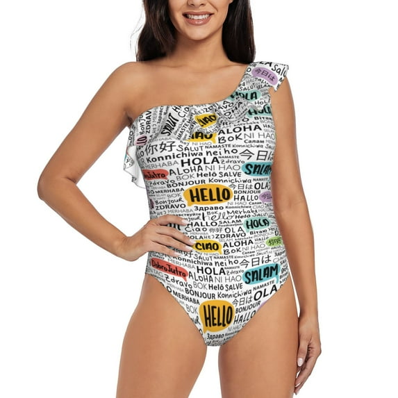 Sikiie Hello Print Women One Piece Swimsuits Tummy Control One Shoulder Bathing Suits Ruffle Swimwear, From S to XXL-Medium