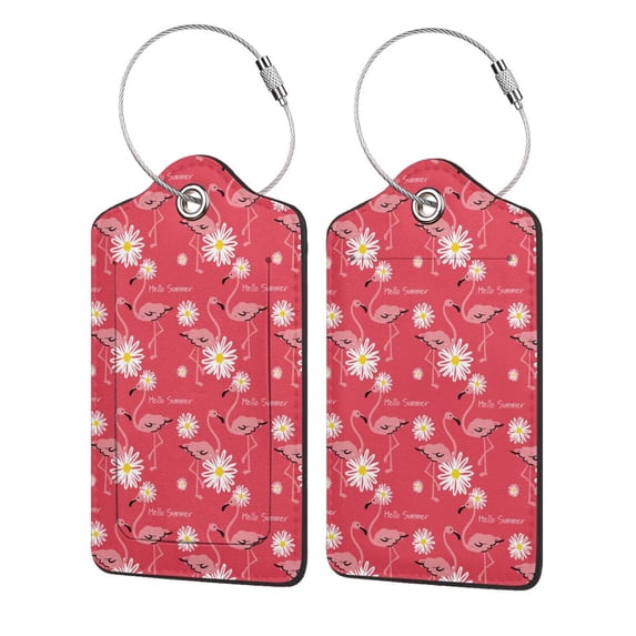 Sikiie Hello Summer Flamingo Luggage Tag for Suitcase Leather Baggage Tag with Stainless Steel Loop Privacy Cover for Women Men Girls-1