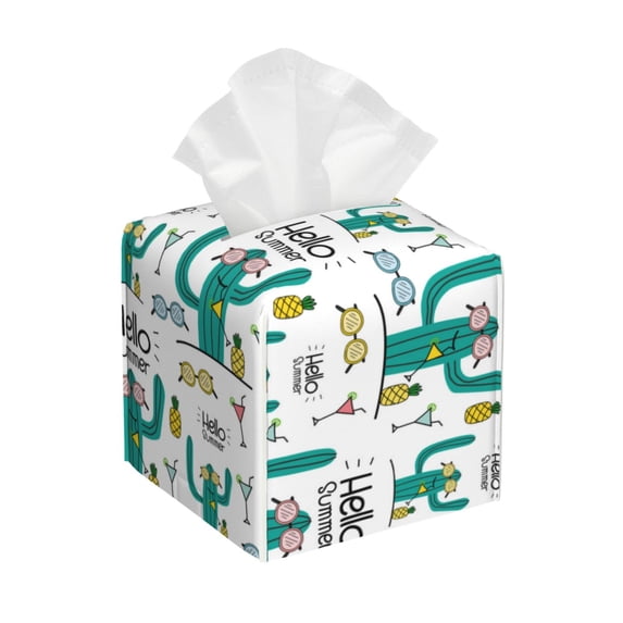 Sikiie Hello Summer Leather Tissue Box Cover Square, tissue box holder, Tissue Box with Bottom Belt-5.2”x5.2”x5.2”