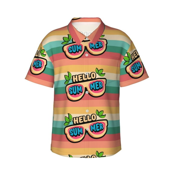 Sikiie Hello Summer Print Men's Hawaiian Shirt, Summer Beach Button Pocket Short Sleeve T-Shirt,3X-Large