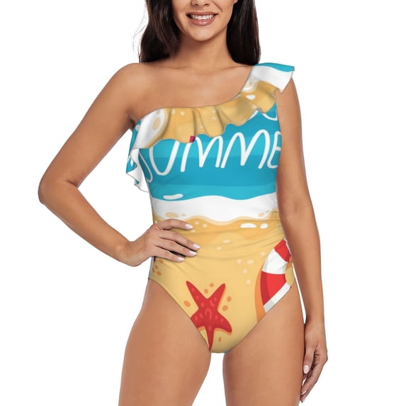 Sikiie Hello Summer1 Print Women One Piece Swimsuits Tummy Control One Shoulder Bathing Suits Ruffle Swimwear, From S to XXL-Medium