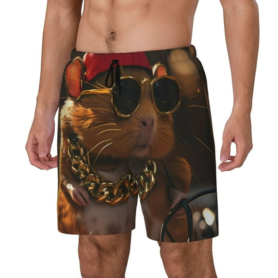 Sikiie Hip-Hop Guinea Pig. Print Men's Double Layer Swimming Trunks, Adjustable Waistband and Pockets Sports Swimming Trunks, Beach Swimwear-Small