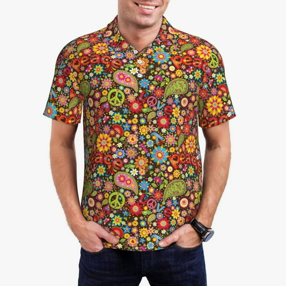 Sikiie Hippie Peace Love Print Men's Short-sleeved POLO Shirts, Button-down Shirts and T-shirts are Suitable for Vacation, Leisure and Business-3X-Large