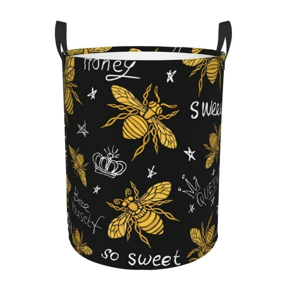 Sikiie Hohey Bee Golden Embroidery Print Round Dirty Clothes Basket, Waterproof Standing Foldable Storage Basket, for Laundry Room, Bedroom, Bathroom Storage-Small