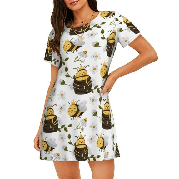 Sikiie Honey Bee Insect Print Women's Short-sleeved Nightdress, Round Neck Pullover Nightdress Pajamas Summer Home Wear