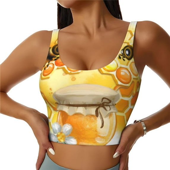Sikiie Honey Bee Print Strappy Sports Bra for Women Padded Push Up Sports Bra Athletic Running Sports Bra Workout Bra Yoga Bra