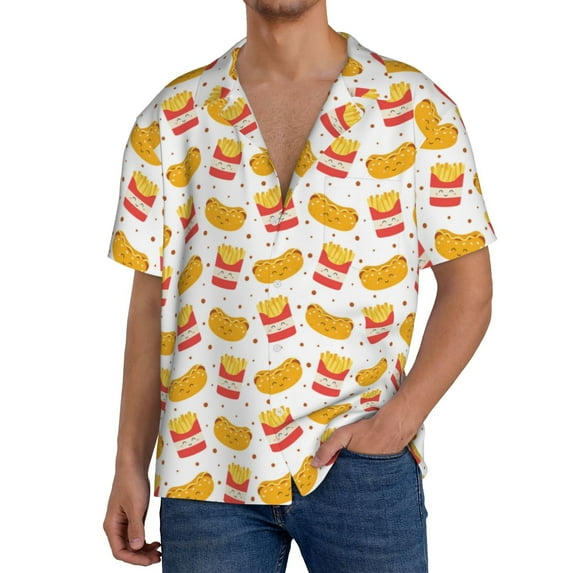 Sikiie Hot Dog Men's Cuban Shirt, Hawaiian Shirts, Business Casual Button Down Shirts, Short Sleeve Shirt-Small