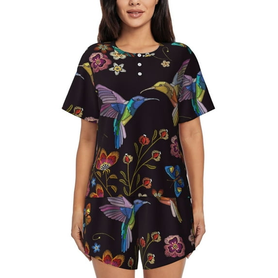 Sikiie Humming Bird Womens Pajama Sets Short Sleeve Top With Pants Sleepwear 2 Piece Lounge SetX-Large