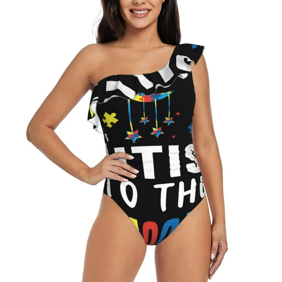 Sikiie I Love With Autism To The Moon And Back Print Women One Piece Swimsuits Tummy Control One Shoulder Bathing Suits Ruffle Swimwear, From S to XXL-XX-Large