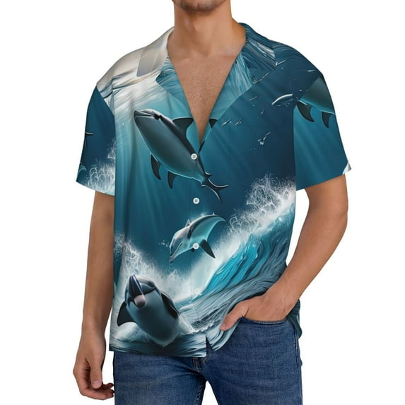 Sikiie Ice Blue Ocean Cute Dolphin A Men's Wrinkle Free Untucked Cuban Shirt Business Casual Button Down Shirts Short Sleeve ShirtLarge