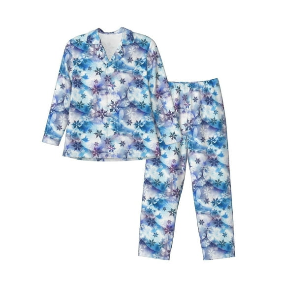 Sikiie Icy Blue Snowflakes Mens Pajama Set, Soft Warm Long Sleeve Sleepwear, Cozy Button-Down Pjs for Men-X-Large