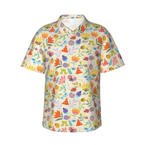 Sikiie Insects In Plants Print Men's Hawaiian Shirt, Summer Beach Button Pocket Short Sleeve T-Shirt,3X-Large
