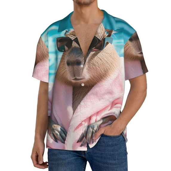 Sikiie Island Vacation Guinea Pig Men's Wrinkle Free Untucked Cuban Shirt Business Casual Button Down Shirts Short Sleeve ShirtXX-Large