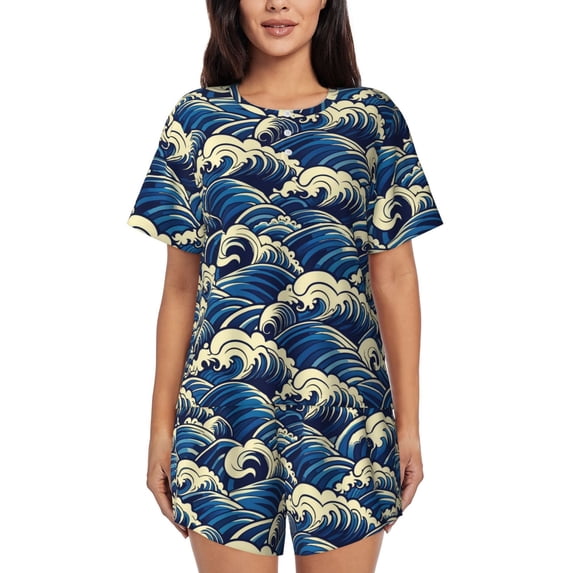 Sikiie Japanese Water Wave Womens Pajama Sets Short Sleeve Top With Pants Sleepwear 2 Piece Lounge Set-XX-Large