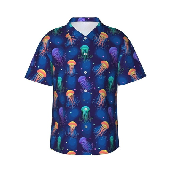 Sikiie Jellyfish colorful Print Men's Hawaiian Shirt, Summer Beach Button Pocket Short Sleeve T-Shirt,X-Large