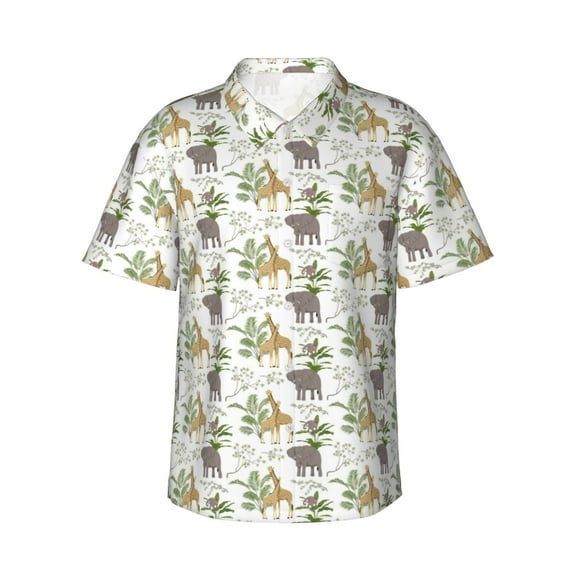 Sikiie Jungle Animal Print Men's Hawaiian Shirt, Summer Beach Button Pocket Short Sleeve T-Shirt,Large