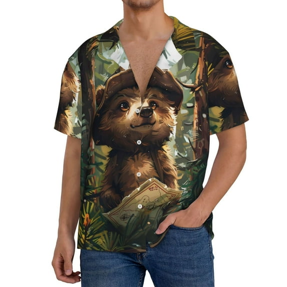 Sikiie Jungle Hat Bear Men's Wrinkle Free Untucked Cuban Shirt Business Casual Button Down Shirts Short Sleeve ShirtX-Large