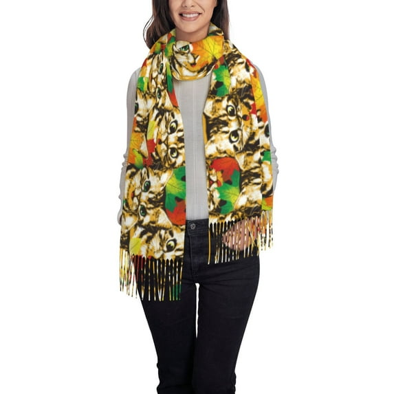 Sikiie Kittens With Maple Leaves Shawl Wraps Big Scarf Tassel Fall Winter Thick Scarf Warm Shawl Women Fall Gifts