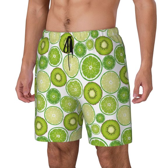 Sikiie Kiwi Lemon Print Men's Double Layer Swimming Trunks, Adjustable Waistband and Pockets Sports Swimming Trunks, Beach Swimwear-Small