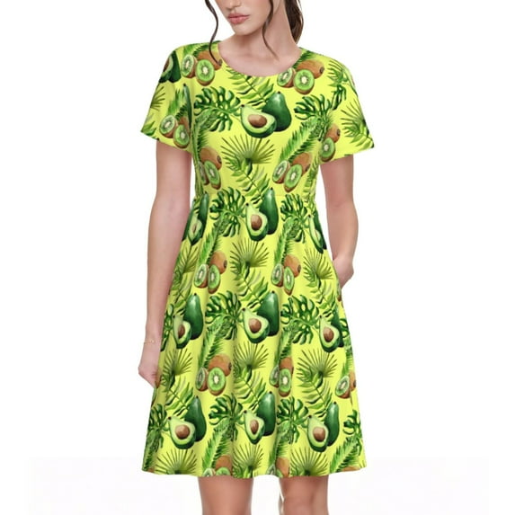Sikiie Kiwi and Avocado Print Women's Short-sleeved Dress, Round Neck Slim Knee-length Dress, Summer Clothing Suitable for Daily Leisure and Vacation