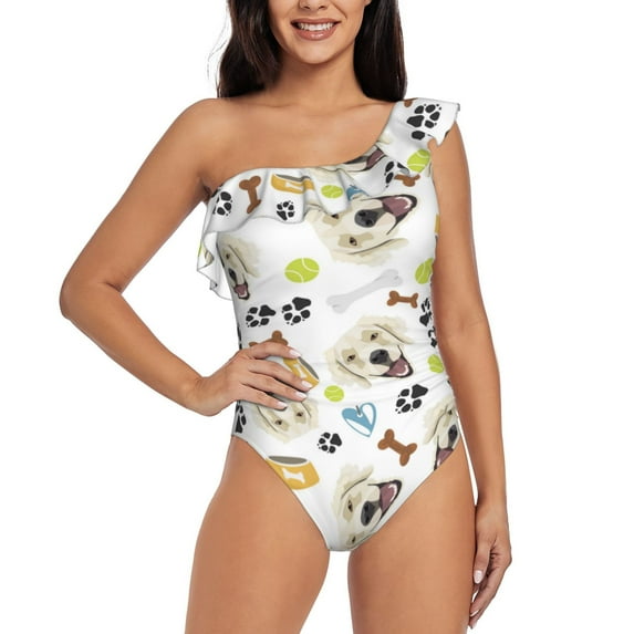 Sikiie Labrador Retriever Dog Print Women One Piece Swimsuits Tummy Control One Shoulder Bathing Suits Ruffle Swimwear, From S to XXL-Large