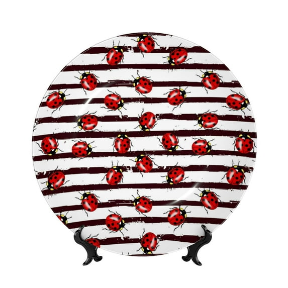 Sikiie Ladybugs on Black and White Striped1 Bone China Decorative Plate Personality Ceramic Dinner Plate Crafts Decorative Ceramic Decorative Plate -10in