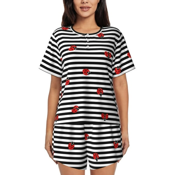 Sikiie Ladybugs on Black and White Striped Womens Pajama Sets Short Sleeve Top With Pants Sleepwear 2 Piece Lounge SetX-Large