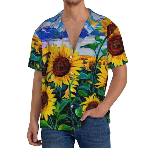 Sikiie Landscape With Sunflowers Men's Wrinkle Free Untucked Cuban Shirt Business Casual Button Down Shirts Short Sleeve Shirt3X-Large