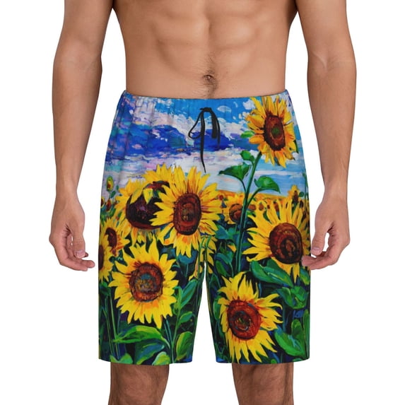 Sikiie Landscape With Sunflowers Mens Pajama Shorts, Lightweight Lounge Pant with Pockets Soft Sleep Pj Shorts for MenXX-Large