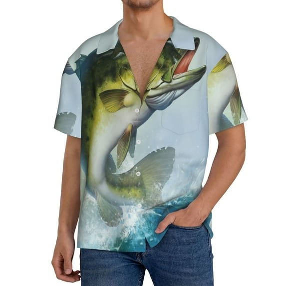Sikiie Largemouth Bass jumps out of water Print Men's Wrinkle Free Untucked Cuban Shirt Business Casual Button Down Shirts Short Sleeve Shirt-Small