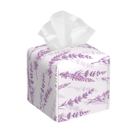 Sikiie Lavender Flowers Leather Tissue Box Cover Square, tissue box holder, Tissue Box with Bottom Belt-5.2”x5.2”x5.2”