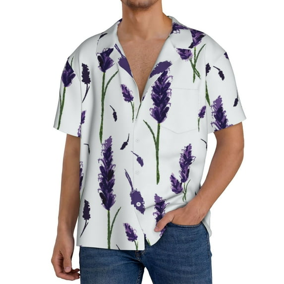 Sikiie Lavender Flowers Men's Wrinkle Free Untucked Cuban Shirt Business Casual Button Down Shirts Short Sleeve ShirtLarge