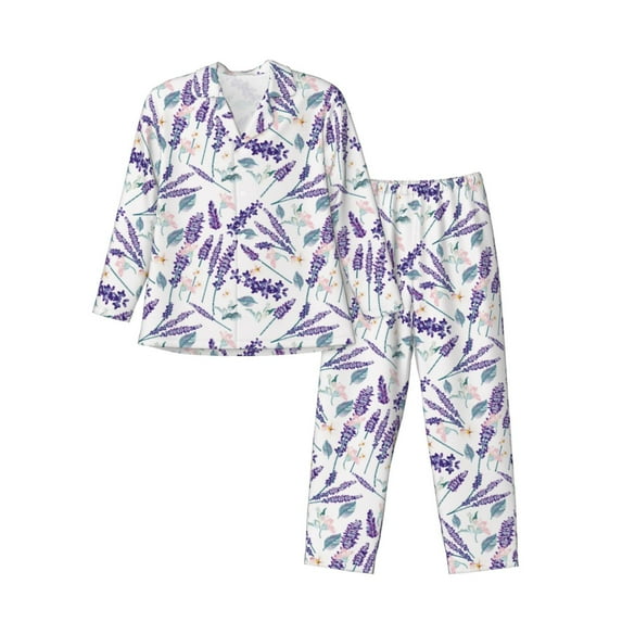 Sikiie Lavender Flowers Mens Pajama Set, Soft Warm Long Sleeve Sleepwear, Cozy Button-Down Pjs for Men-X-Large
