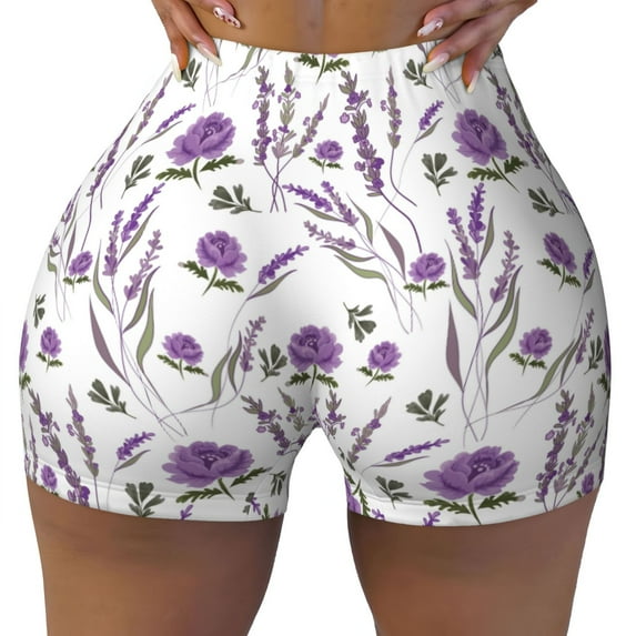 Sikiie Lavender Flowers Print Workout Shorts Women Scrunch Butt Gym Shorts Seamless High Waist Tummy Control Yoga Biker Athletic Shorts