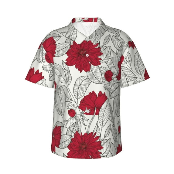 Sikiie Leaves And Anemone Print Men's Hawaiian Shirt, Summer Beach Button Pocket Short Sleeve T-Shirt,X-Large