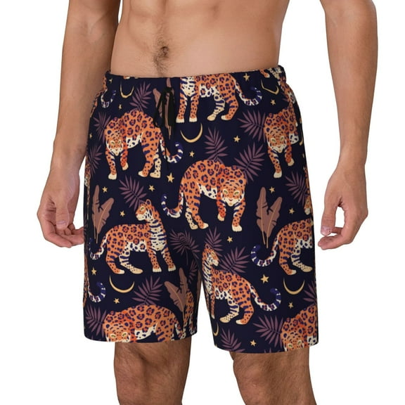 Sikiie Leopard Print Print Men's Double Layer Swimming Trunks, Adjustable Waistband and Pockets Sports Swimming Trunks, Beach Swimwear-Medium