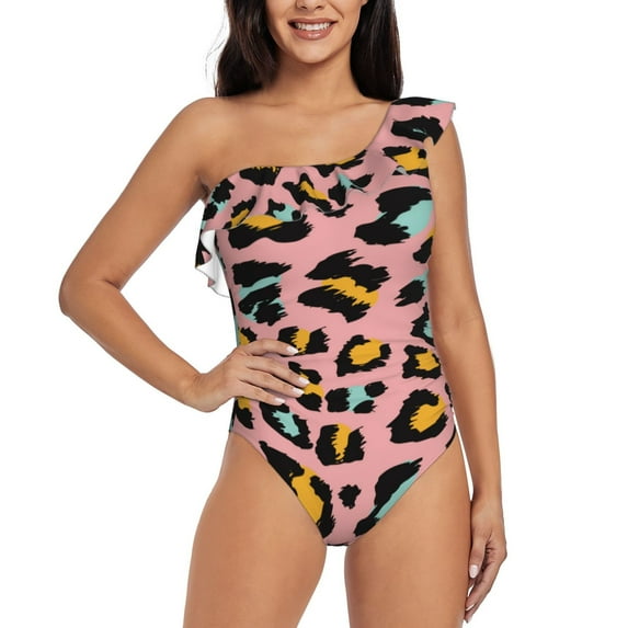 Sikiie Leopard Print Women One Piece Swimsuits Tummy Control One Shoulder Bathing Suits Ruffle Swimwear, From S to XXL-Medium