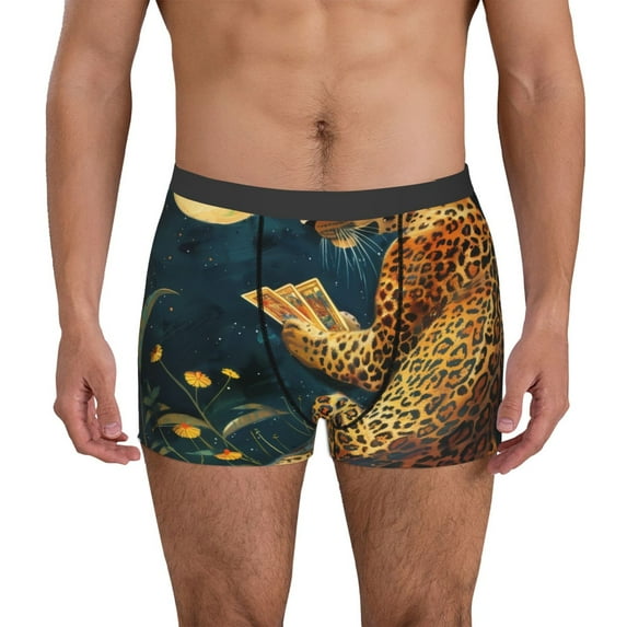 Sikiie Leopard Reading Tarot Cards Print Men's Boxer Briefs, Elastic Waistband Boxer Briefs Leggings-X-Large