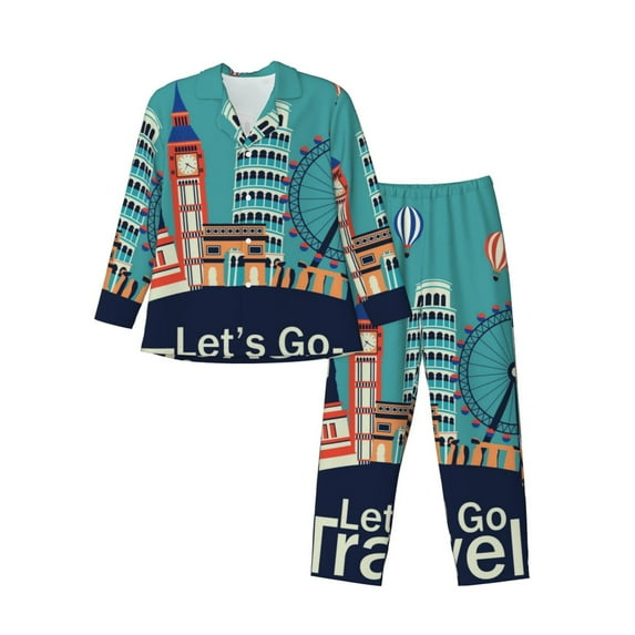 Sikiie Let's go Travel Mens Pajama Set, Soft Warm Long Sleeve Sleepwear, Cozy Button-Down Pjs for Men-XX-Large